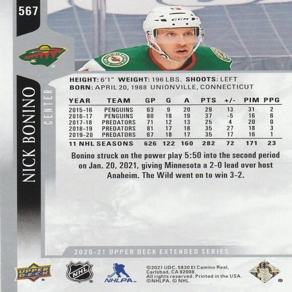 Nick Bonino - 2020/2021 Upper Deck Extended Series Hockey Card - Picture 2 of 2
